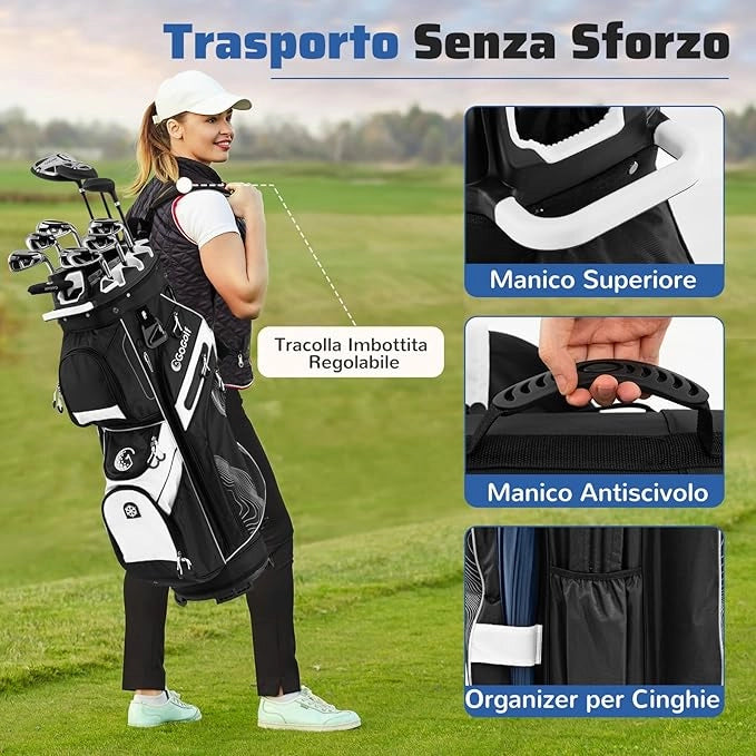 Borsa Carrello da Golf, Sacca da Golf con Serratura e Divisori a 14 Vie, 11 Tasche, Sacca Isolante, Tracolla Imbottita, Maniglie, Porta Ombrello e Cappuccio Antipioggia
