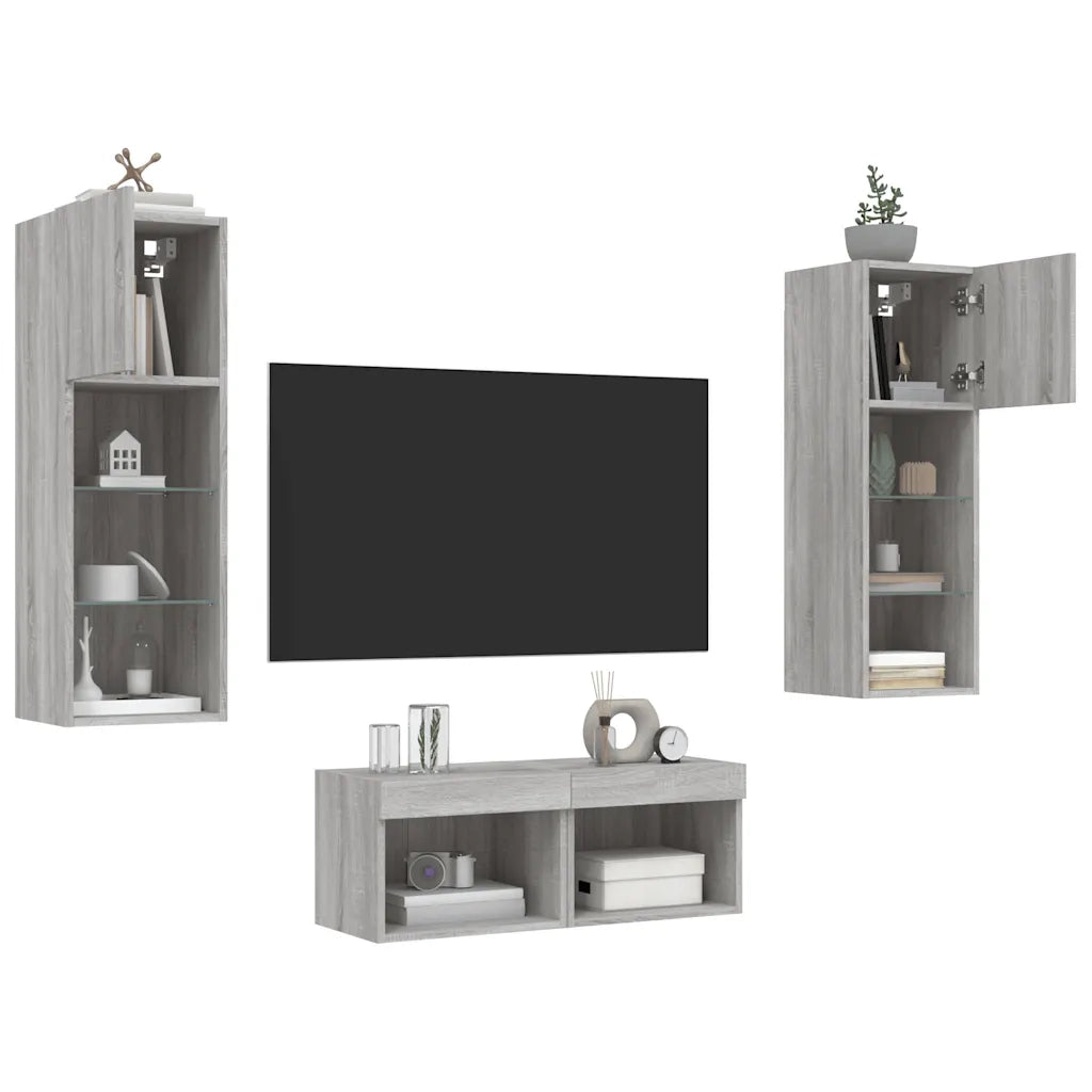 Mobili TV a Muro 4pz con Luci LED Grigio Sonoma 3216581