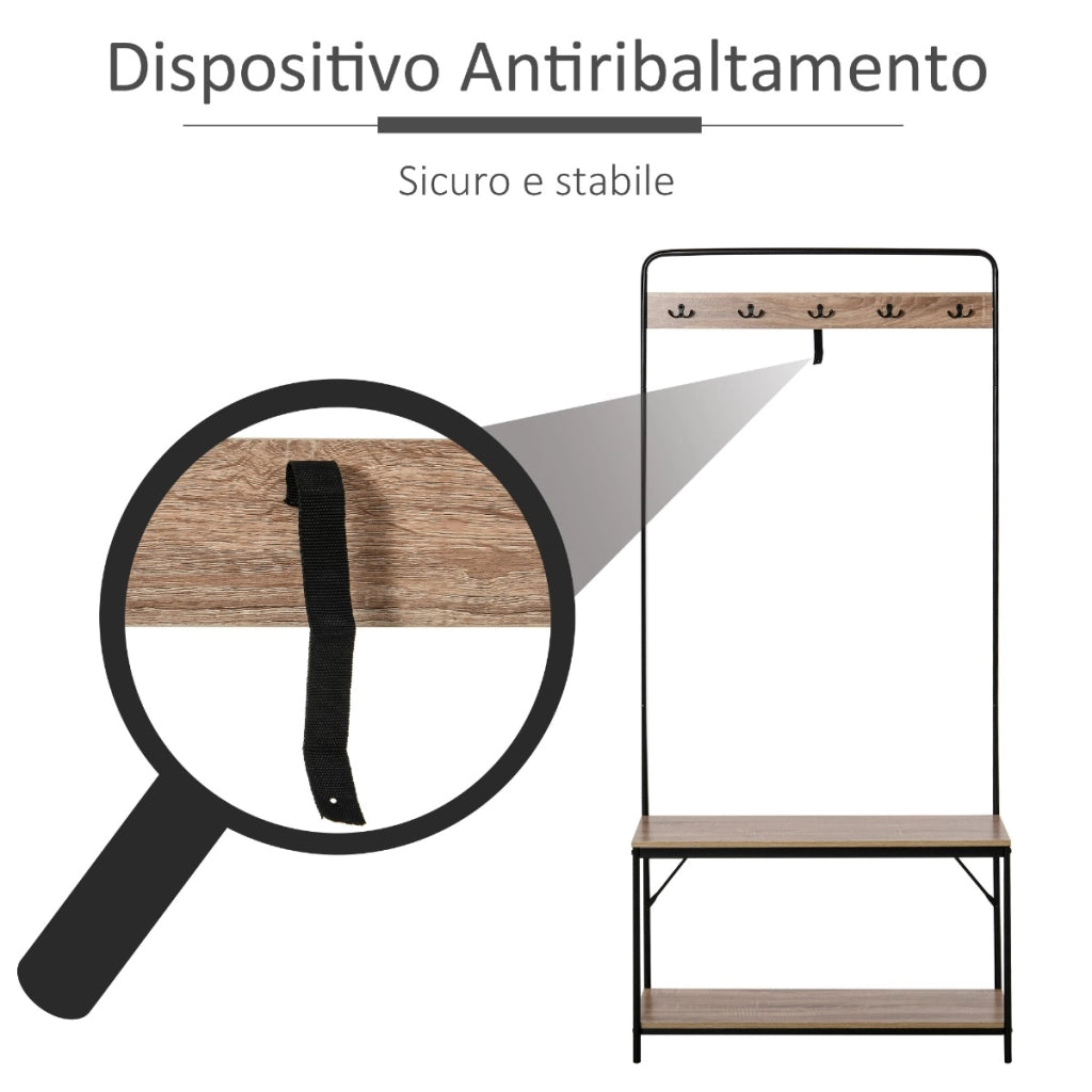 EasyComfort Appendiabiti con Panca e Scarpiera in Stile Industriale, Mobile per Ingresso Vintage in Legno e Acciaio Nero