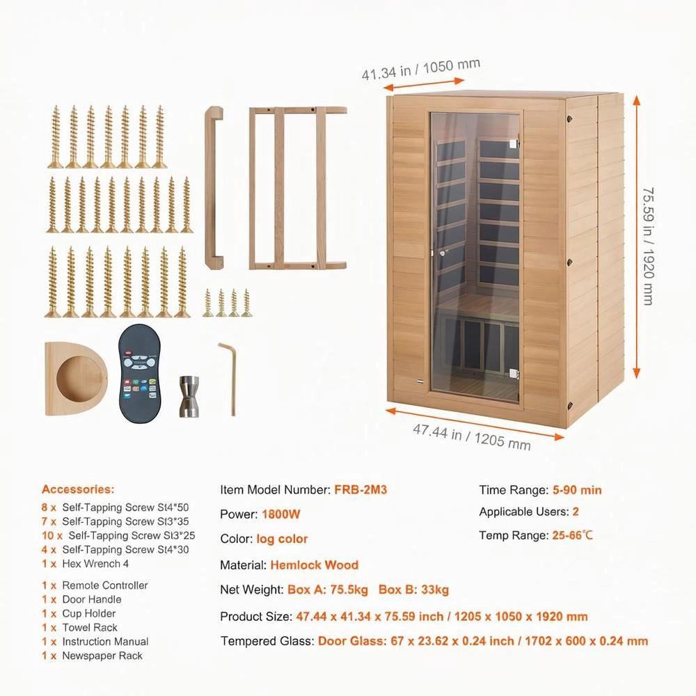 Sauna Infrarossi Lontani 2 Persone Legno Hemlock Basso EMF Vetro Temperato Bluetooth 1800W Interno