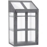 Mini Serra, piccola serra con struttura in legno, finestra e doppia porta, 3 ripiani, 70L x 50P x 120H cm, Grigio