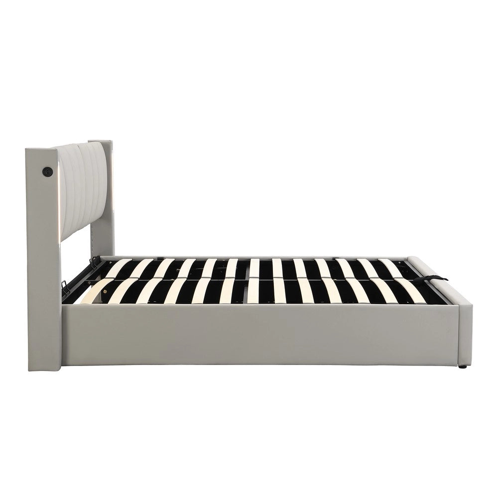 Letto Imbottito LED Contenitore Idraulico ¨C MINIMAL ¨C Grigio 140x190, Testiera Regolabile, USB