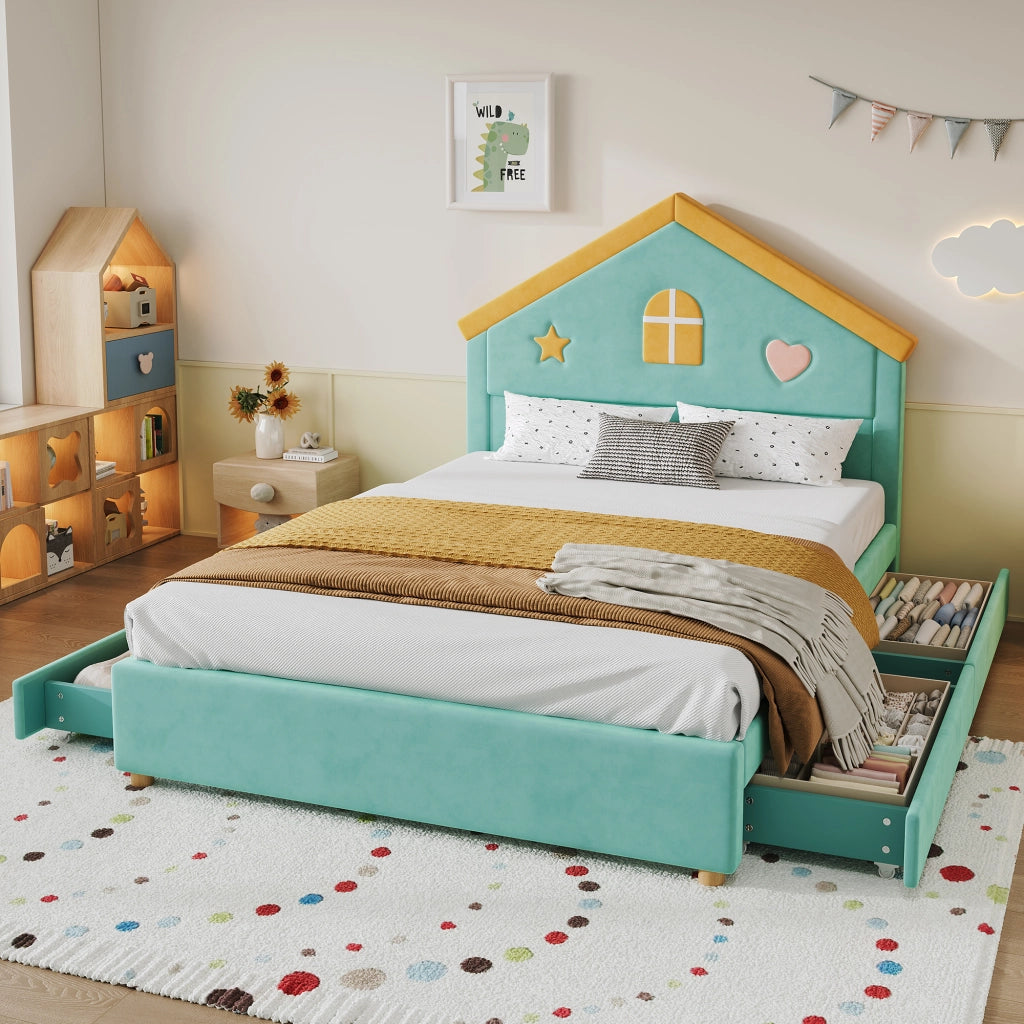 Letto per bambini a casetta 140 × 200 cm con 4 cassetti, senza materasso, in velluto, bluverde