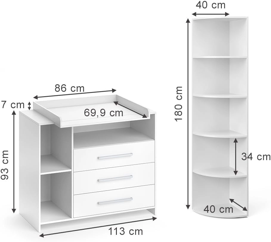 Set per cameretta Oskar, Bianco, 2 parti, con fasciatoio e ripiano per giocattoli, convertibile in una normale cassettiera dopo la rimozione del fasciatoio
