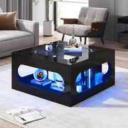 Tavolino da salotto quadrato 70 x 70 x 35 cm con LED controllato da app; vetro temperato; nero