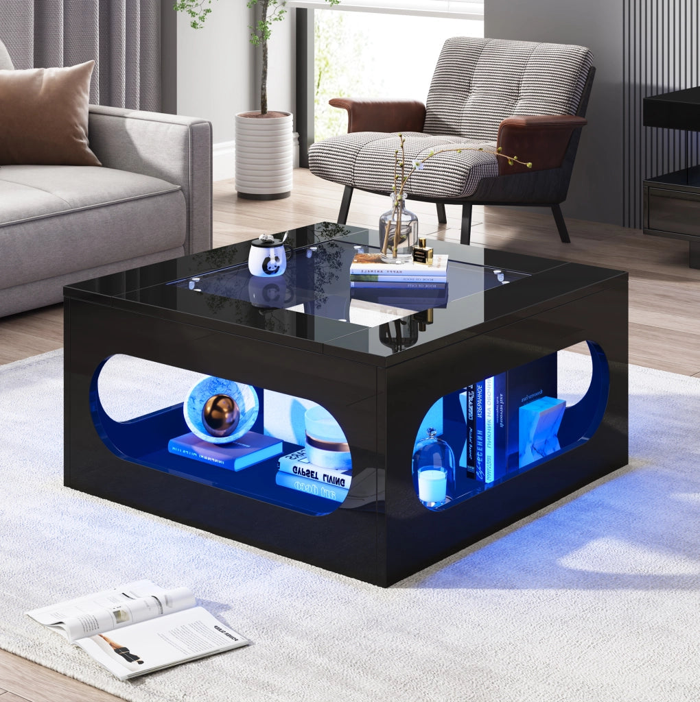 Tavolino da salotto quadrato 70 x 70 x 35 cm con LED controllato da app; vetro temperato; nero