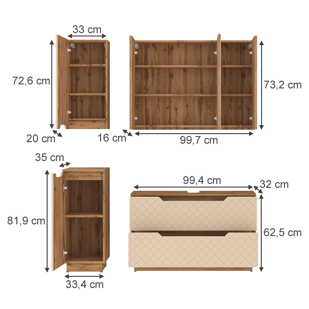 Vicco Set di mobili da bagno Rovere/cashmere con struttura in piastrelle 4 parti