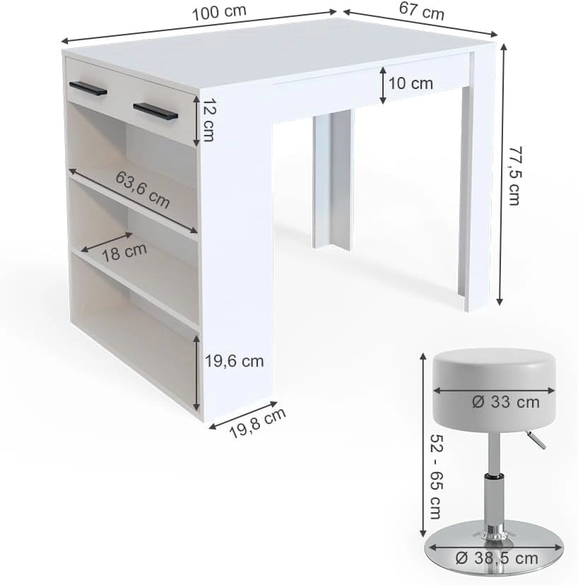 Set tavolo da pranzo Repose, Bianco, 67 x 100 cm con 2 sgabelli, adatto come piano di lavoro o area di appoggio aggiuntiva