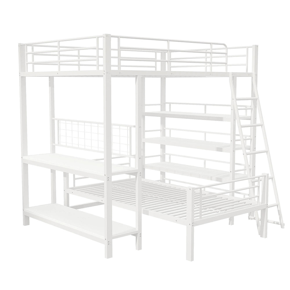 Letto mezzanino metallico 140x200cm - Xylo - bianco, ripiani integrati