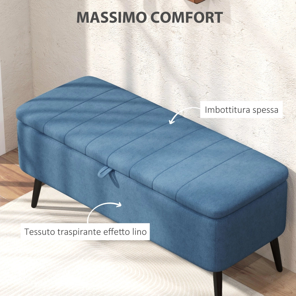 Panca Contenitore 102x40x44 cm Poggiapiedi Imbottito in Tessuto Effetto Lino Blu Scuro