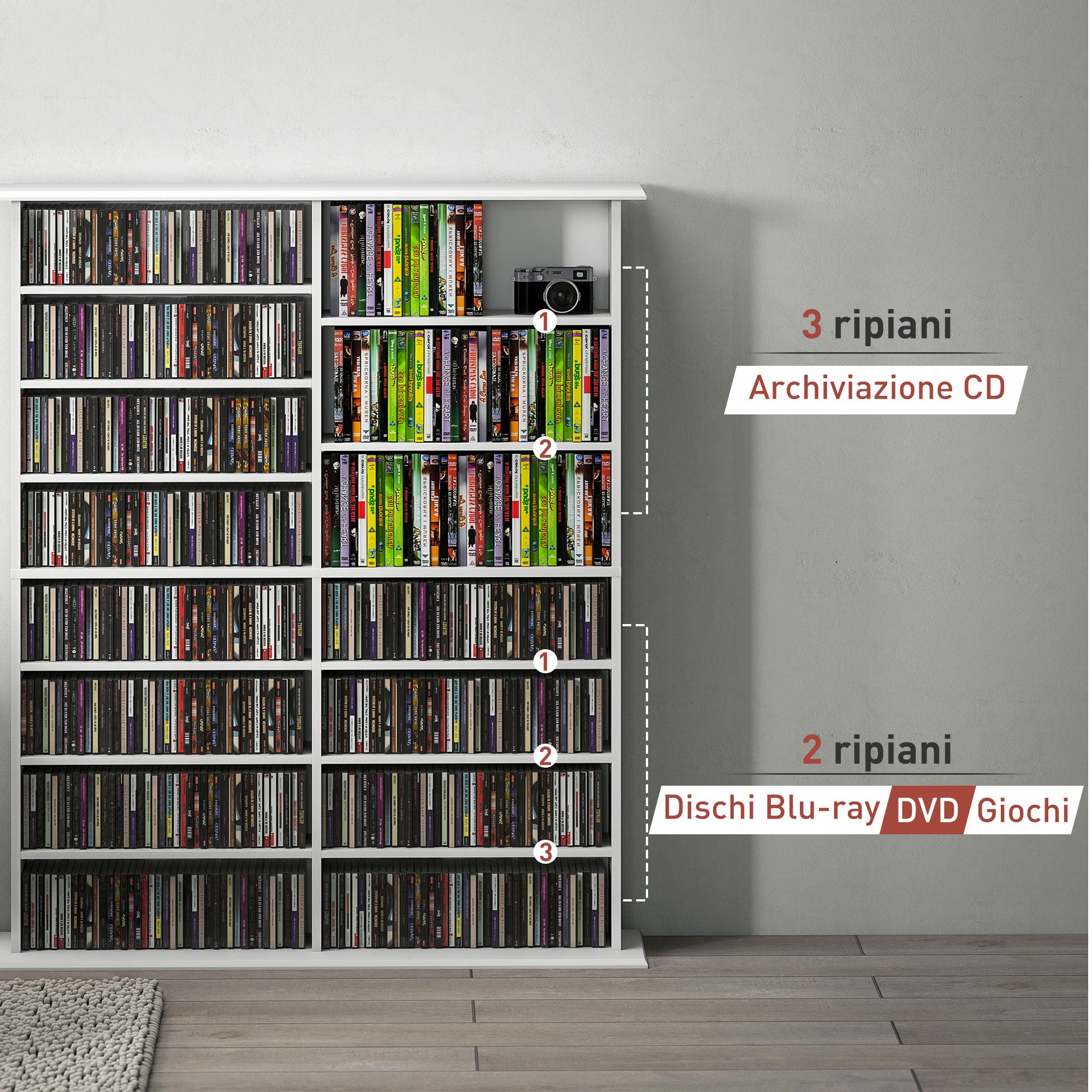 Mobile Libreria Porta CD 106,5x24x126,3 cm a 16 Ripiani Design Moderno in Legno Bianco