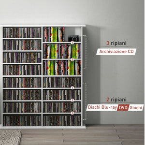 Mobile Libreria Porta CD 106,5x24x126,3 cm a 16 Ripiani Design Moderno in Legno Bianco