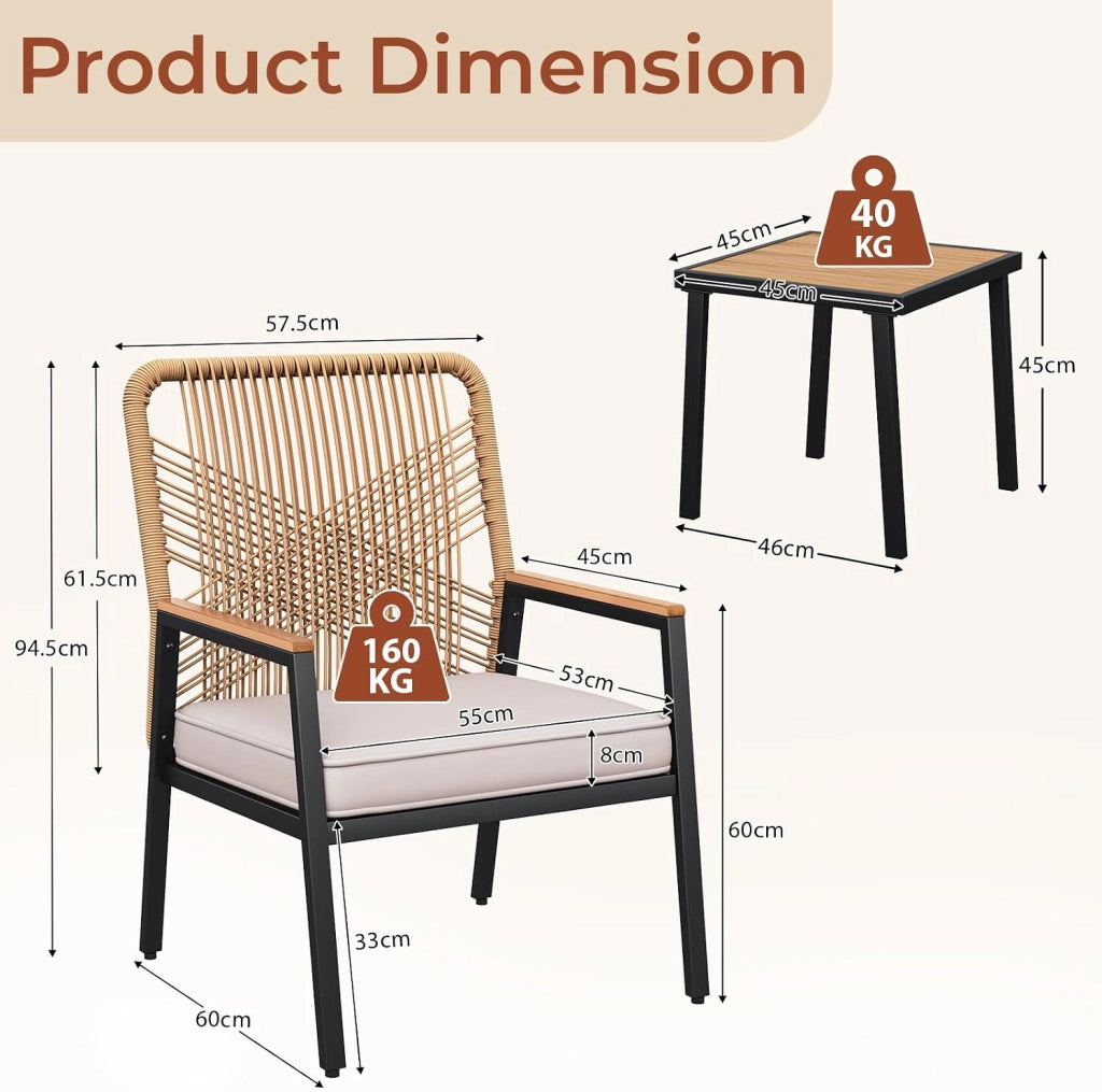 Set di mobili da giardino, Set da 3 sedie da giardino in rattan, 2 sedie da patio con tavolino, fino a 160 kg, resistenti alle intemperie, braccioli in WPC, per patio, giardino, veranda,Beige