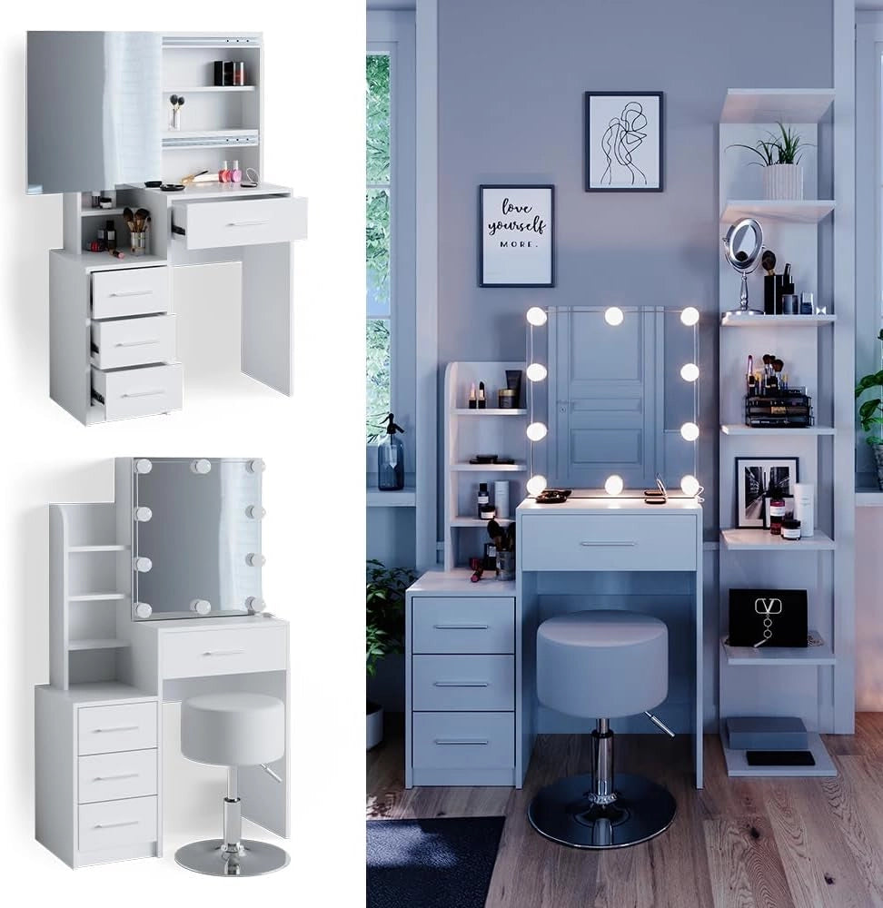 Tavolo da toeletta Conrada, Bianco, 80 cm con illuminazione LED e sgabello, adatto per l'organizzazione di articoli cosmetici e accessori
