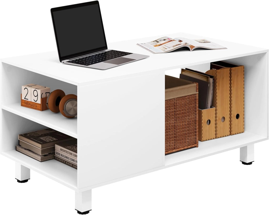 Tavolino con Vano Portaoggetti, Tavolino da Divano con 3 Scomparti, Tavolino da Divano con Gambe in Metallo, per Divano da Salotto, 50 kg Caricabile, 90x50x45 cm, Bianco, BTS23ws