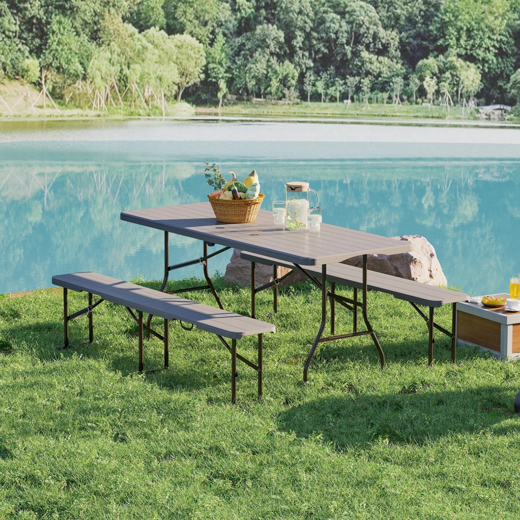 Set Tavolo e Panche Pieghevole Legno Effetto per Esterno ¨C zephmum ¨C Marrone 180x74x74 cm