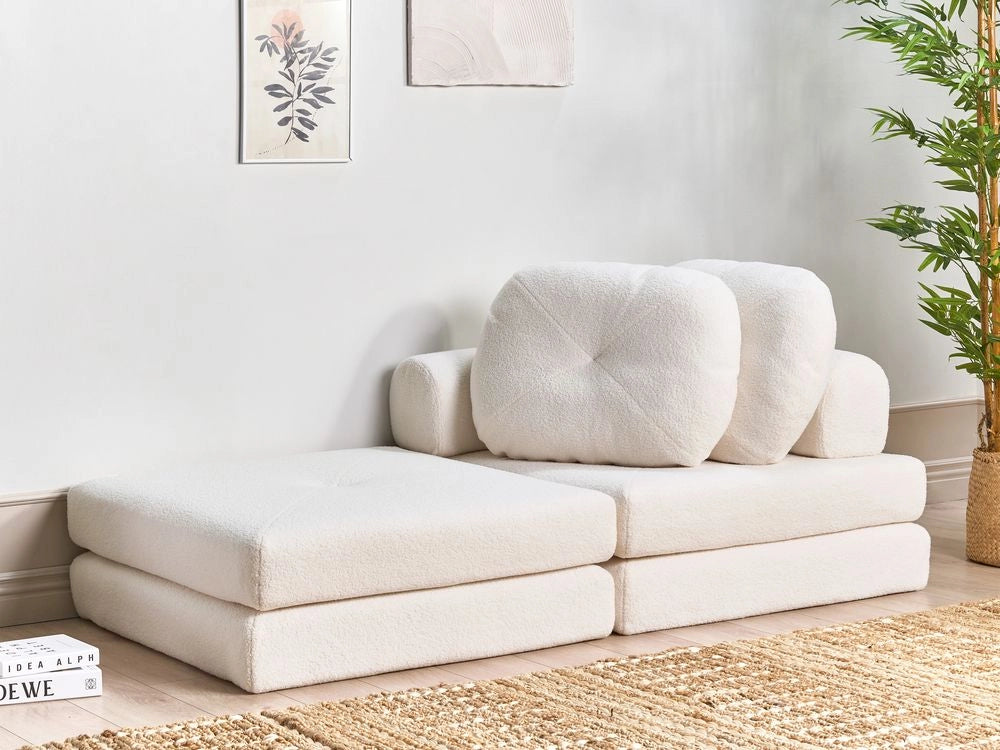 Divano pieghevole e trasformabile in letto in tessuto bouclè bianco stile moderno soggiorno