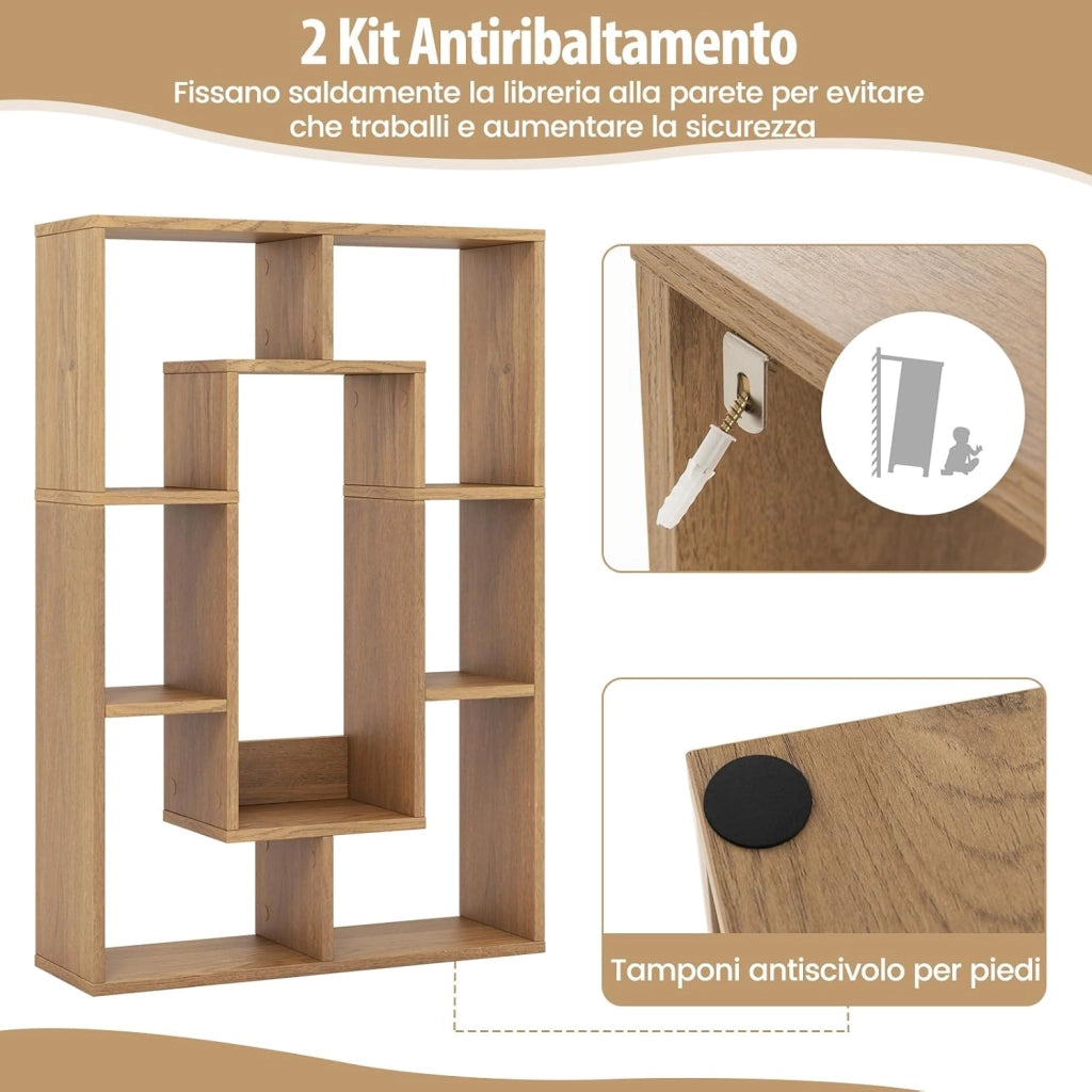 Libreria in Legno, Scaffale Aperto Geometrica a 7 Cubi, Scaffale da Esposizione con Dispositivo Anti-Ribaltamento, per Ufficio Soggiorno Camera da Letto, 60x20x90 cm (Naturale)