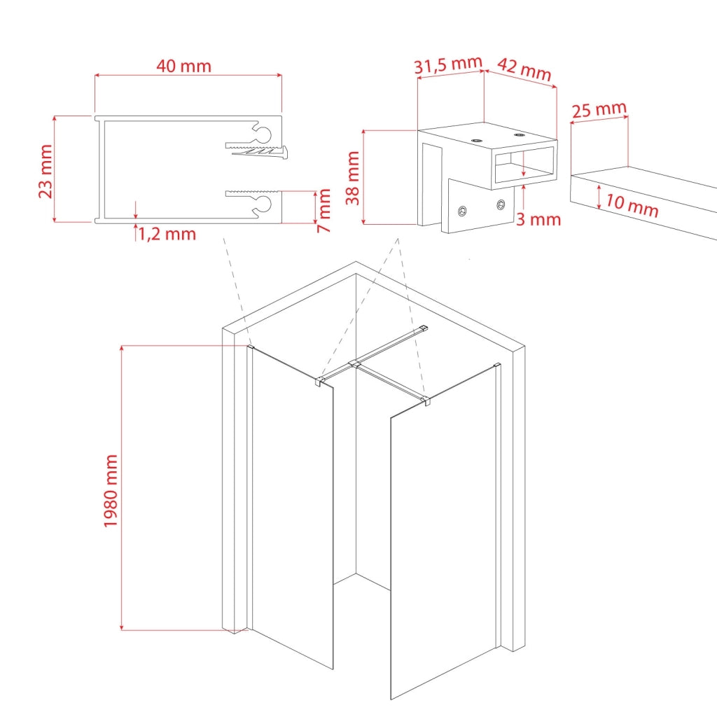 Box doccia Parete 75x150 CM 198 CM in vetro trasparente 8 MM mod. Walk in Black Corner
