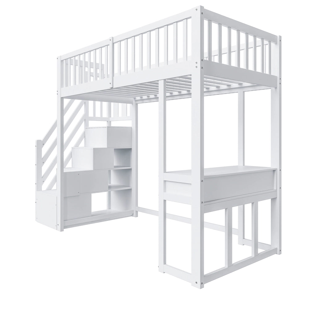 Letto a soppalco 90x200 cm con tavolo multifunzione e scala contenitore; in legno bianco