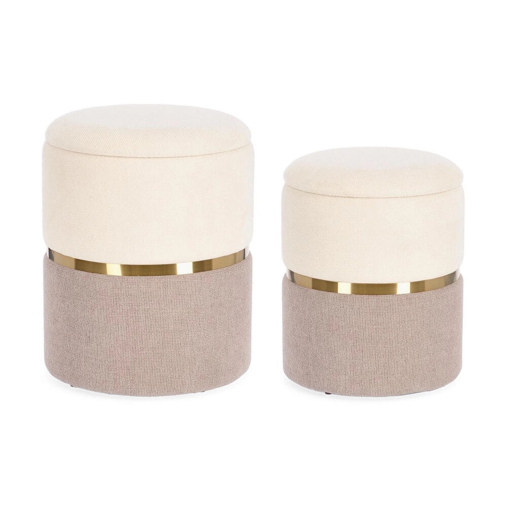 Set 2 Pouf Contenitore Rotondi in Tessuto con Anello Dorato - WHITE