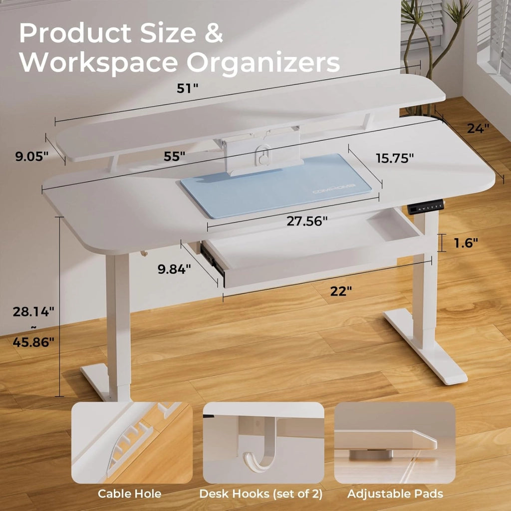 Scrivania elettrica regolabile in altezza, 120 x 60 cm, con cassetti, supporto per monitor, supporto per tablet, con 3 altezze di controllo memoria, bianco