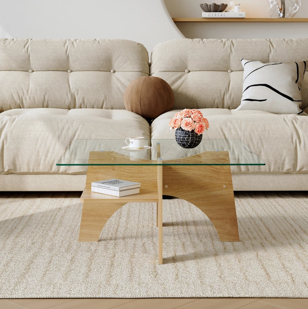 Tavolino da caffè 80x80 cm trasparente; vetro e MDF con ripiano
