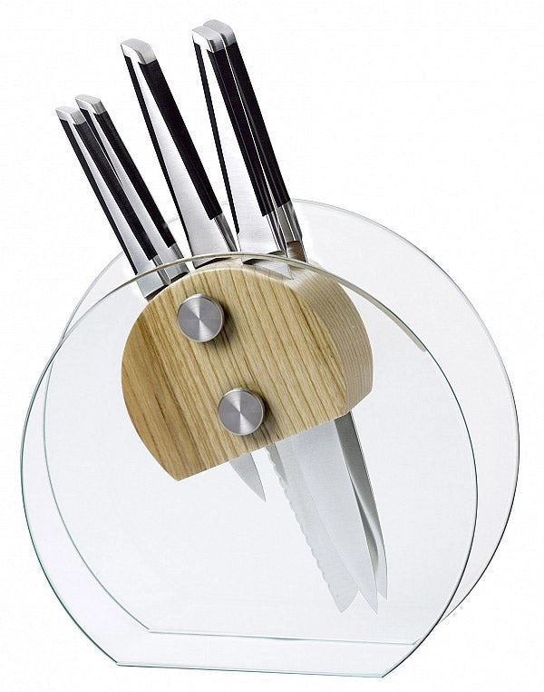 Ceppo in Vetro Temprato e Legno con 5 Coltelli Marte Alexander Crystal Rubino