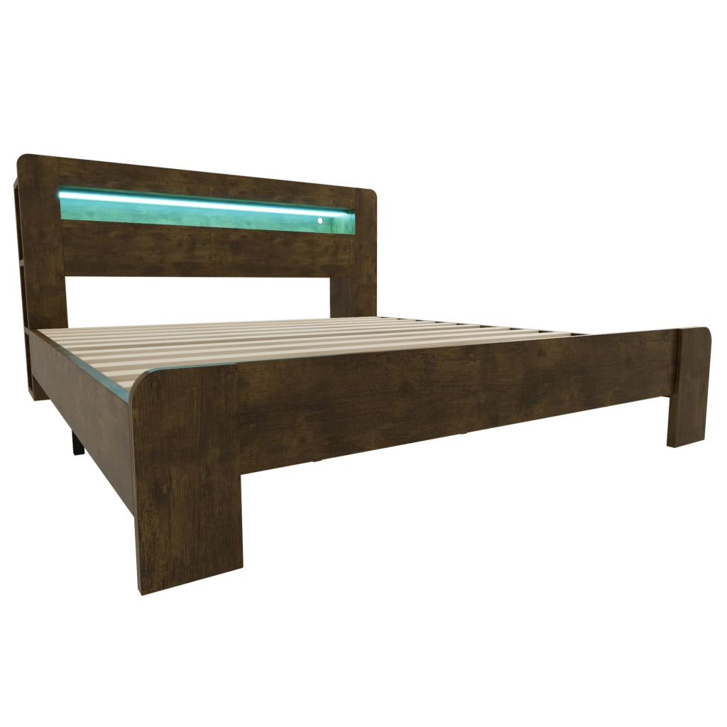 Letto 180x200 cm con testiera portaoggetti; LED e prese integrate in legno colore naturale