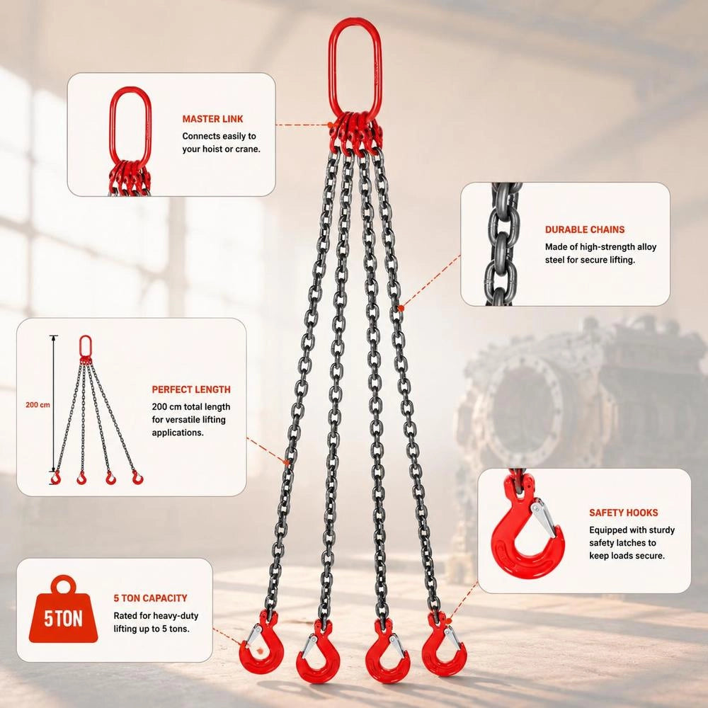 Chain Sling - 10.16 Mm X 2.01 M, Four-legged With Steel Hook - Grade 80