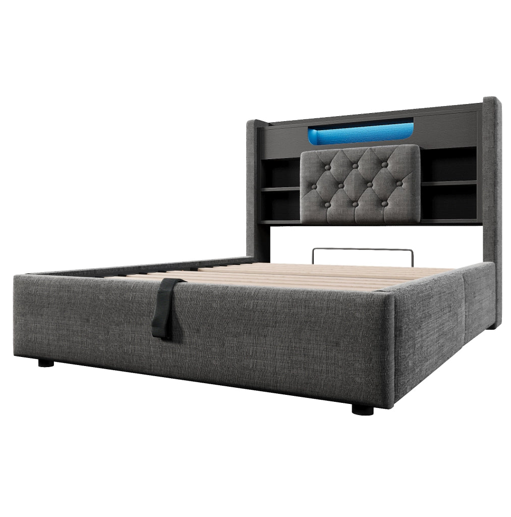 Letto contenitore 90x200 cm con LED, USB e testiera con ripiani