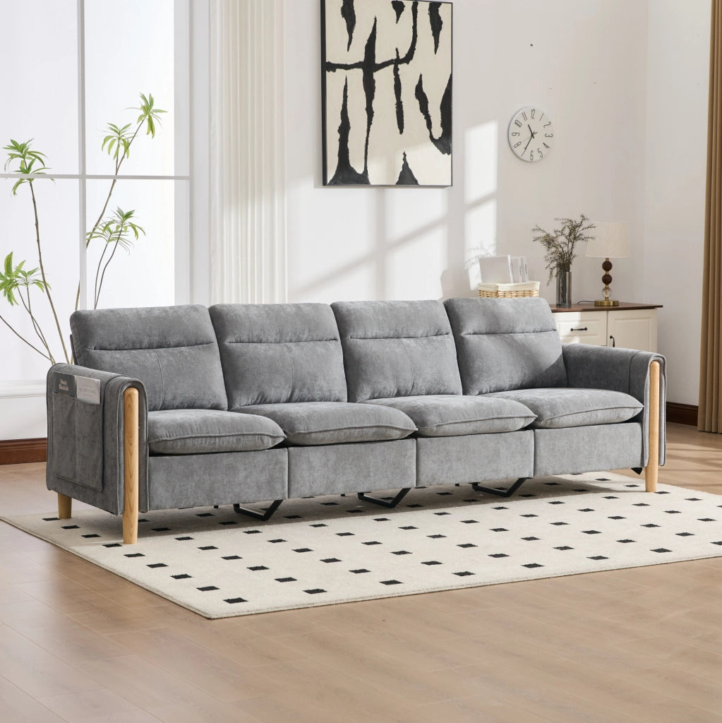 Divano modulare 4 posti con 2 pouf contenitore in ciniglia grigio chiaro HAVRYA