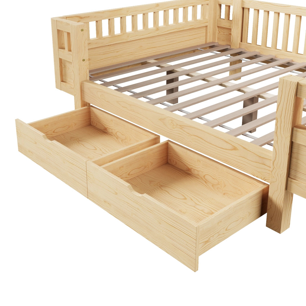 Letto per bambini in legno massiccio con sponde protettive e due cassetti, finitura legno 140 × 200 cm
