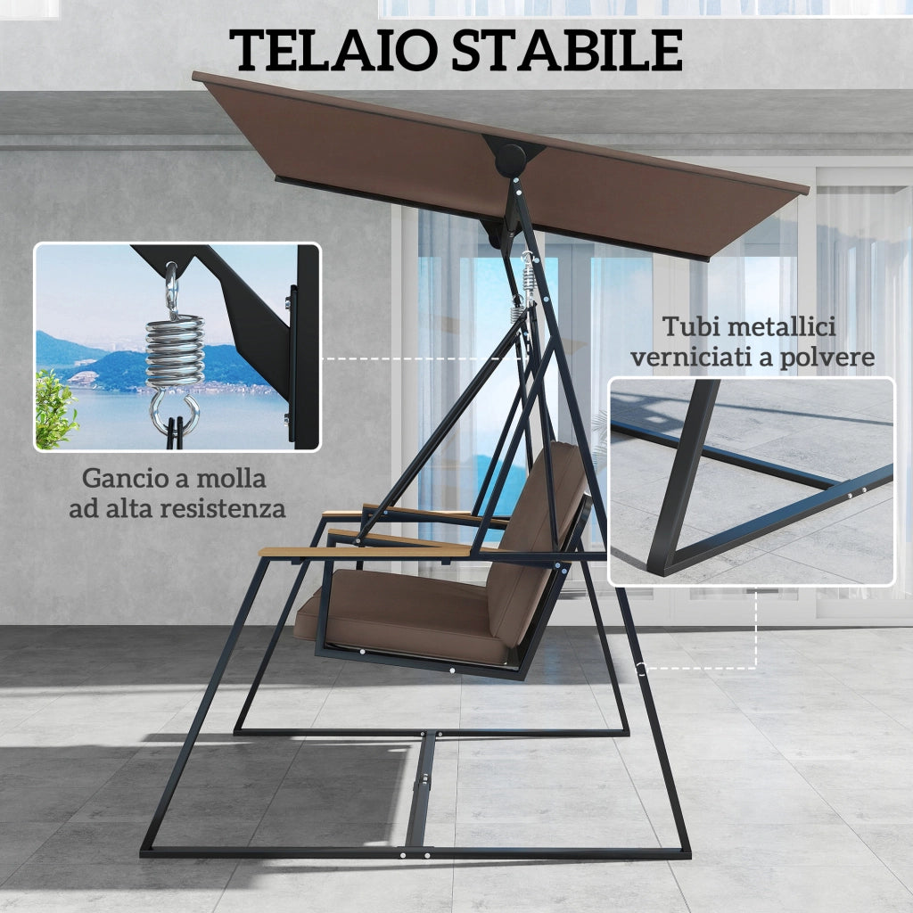 Dondolo da Giardino 3 Posti 222x131x175 cm con Tettuccio Regolabile con Vassoi e Cuscini Imbottiti in Metallo Marrone