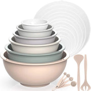 Set di 6 contenitori in plastica con coperchio, contenitore con coperchio, include 2 forchette e 4 cucchiai, BPA-free e stivabile, ideale per mescolare e servire (Khaki, 18)