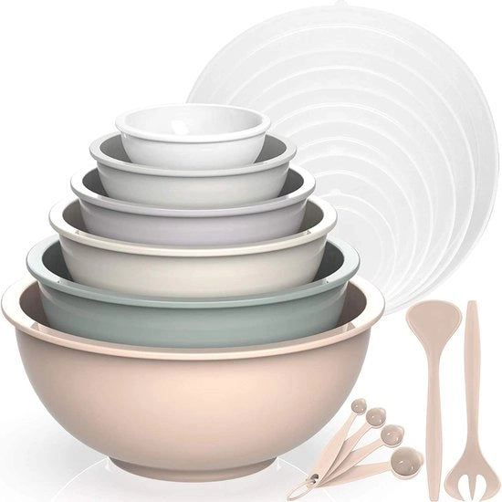 Set di 6 contenitori in plastica con coperchio, contenitore con coperchio, include 2 forchette e 4 cucchiai, BPA-free e stivabile, ideale per mescolare e servire (Khaki, 18)