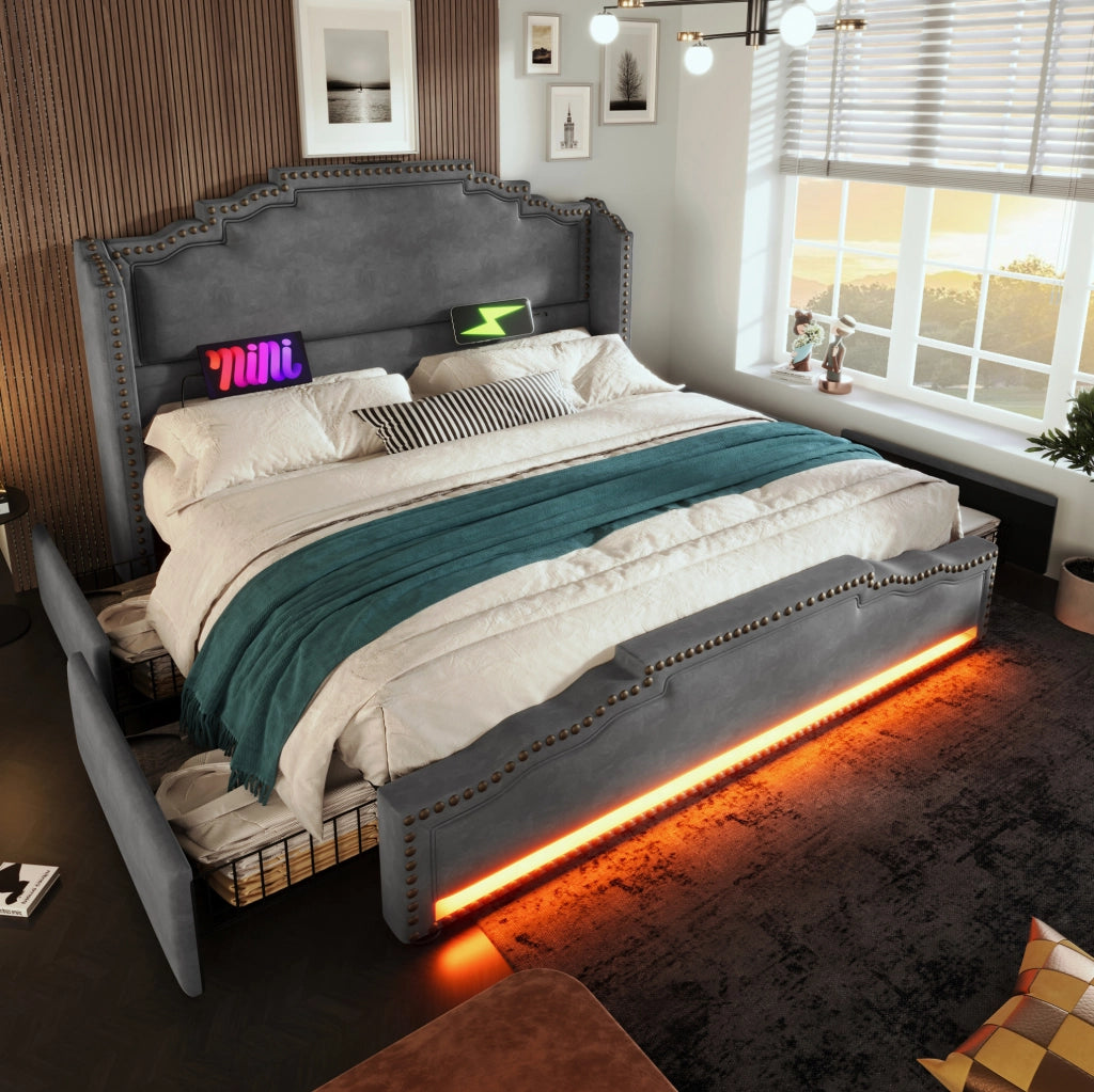 Letto matrimoniale ULEVR 140x200 cm con 4 cassetti, LED, USB e USB-C, velluto grigio