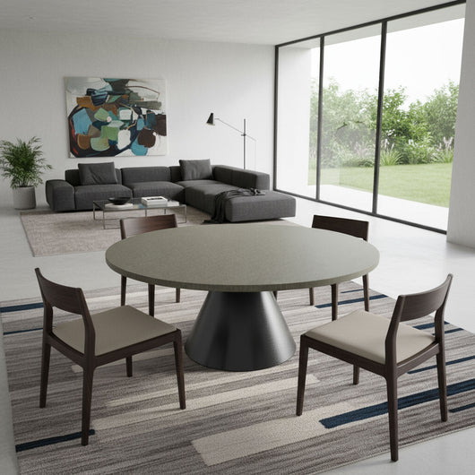Artù Black - Tavolo da pranzo rotondo ⌀ 120 cm in legno laminato con base a cono in metallo Grigio Testurizzato
