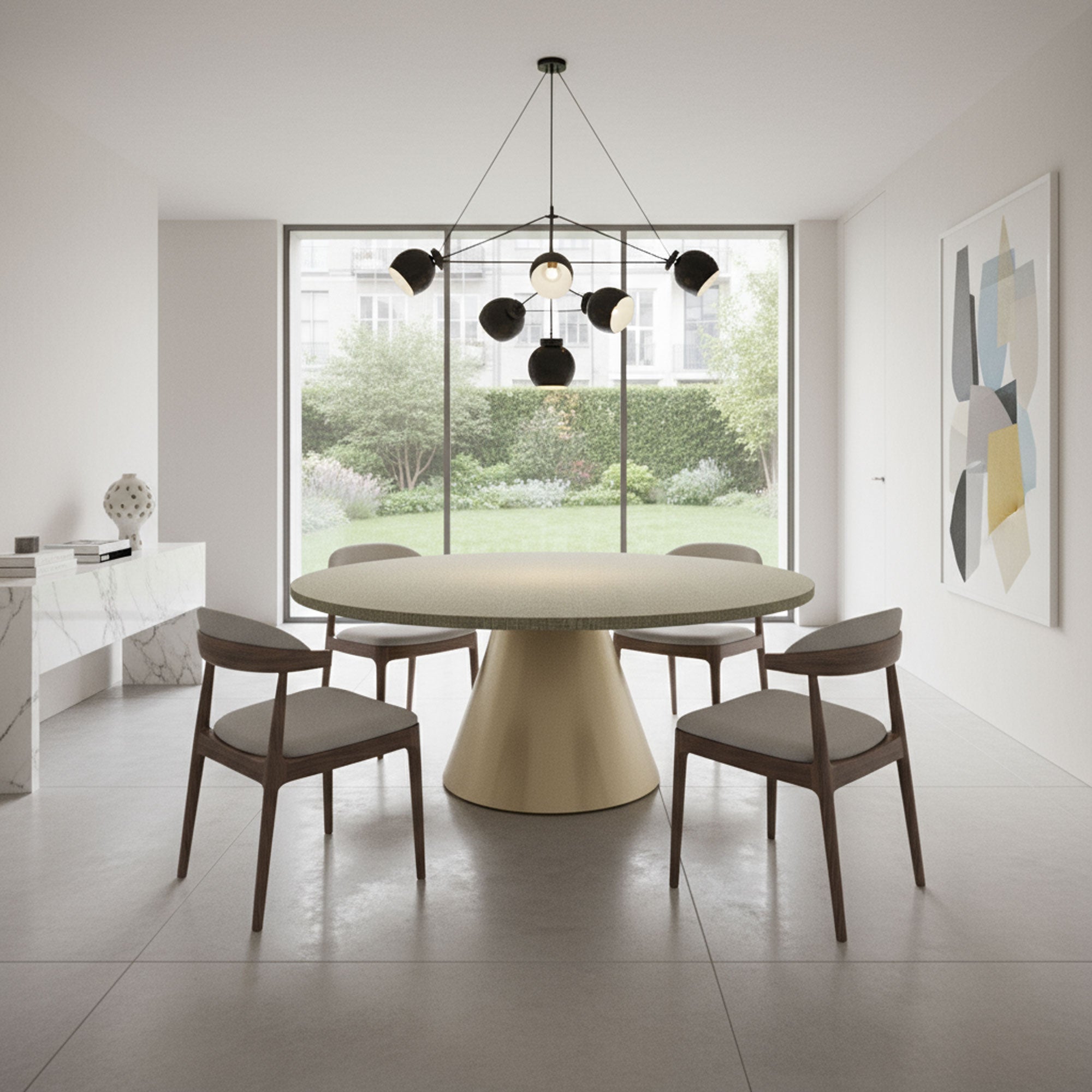Artù Brass - Tavolo da pranzo rotondo ⌀ 120 cm in legno laminato con base a cono in metallo Grigio Testurizzato