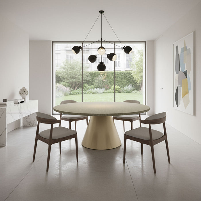 Artù Brass - Tavolo da pranzo rotondo ⌀ 120 cm in legno laminato con base a cono in metallo Grigio Testurizzato