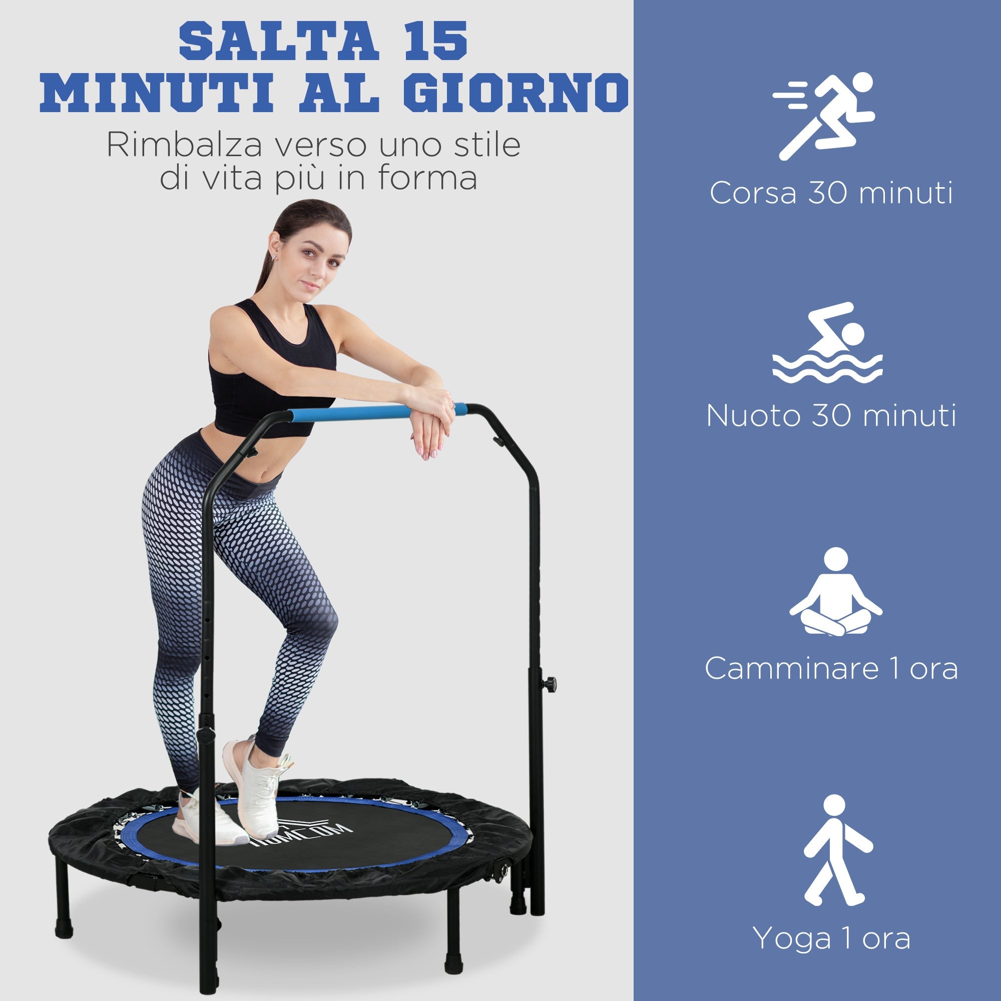 Mini Trampolino Fitness Ø102 cm Regolabile in Altezza Pieghevole con Manubrio Blu