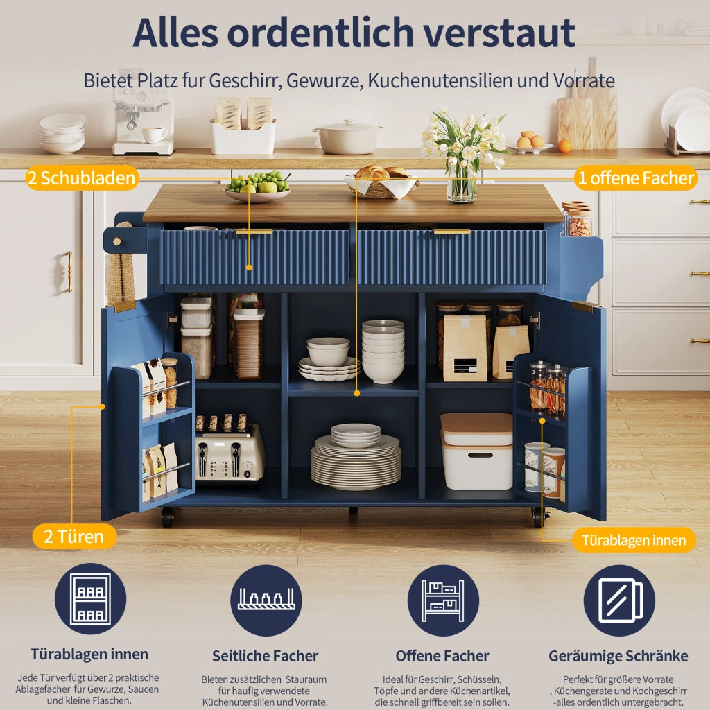 ISOLA DA CUCINA SU RUOTE 143x45/69x89,5 cm MDF Blu/Marrone