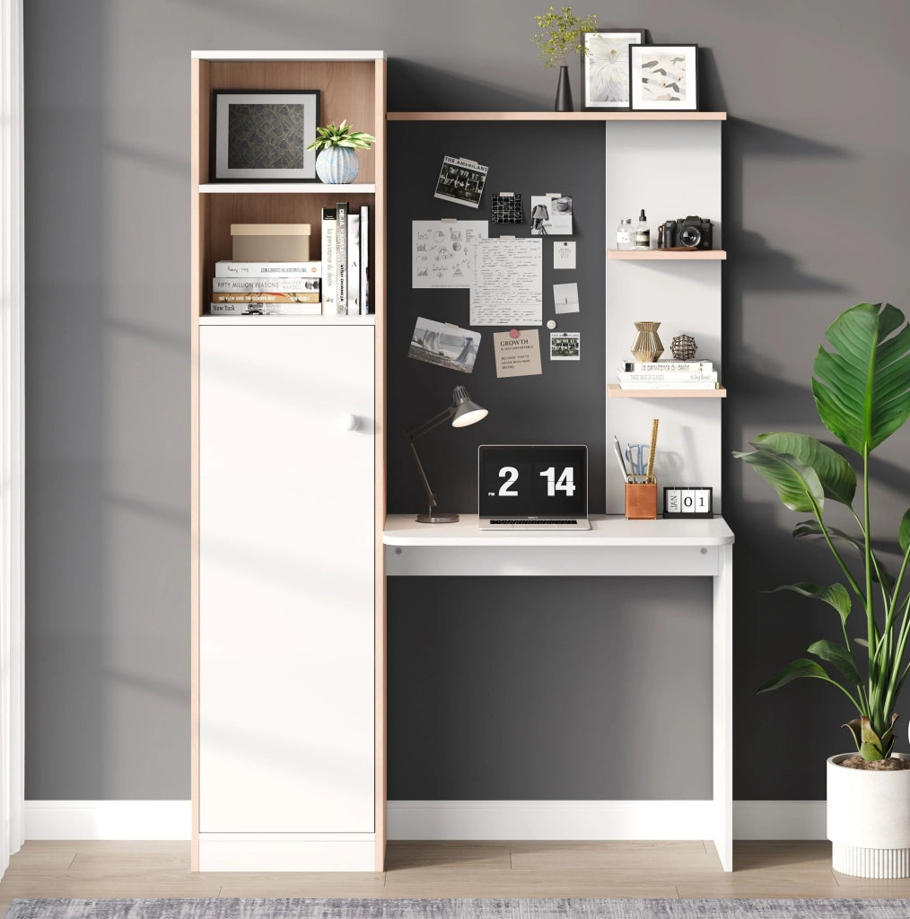 Scrivania 123.5x45x168.5 cm con armadio e 2 ripiani aperti; in MDF bianco e naturale