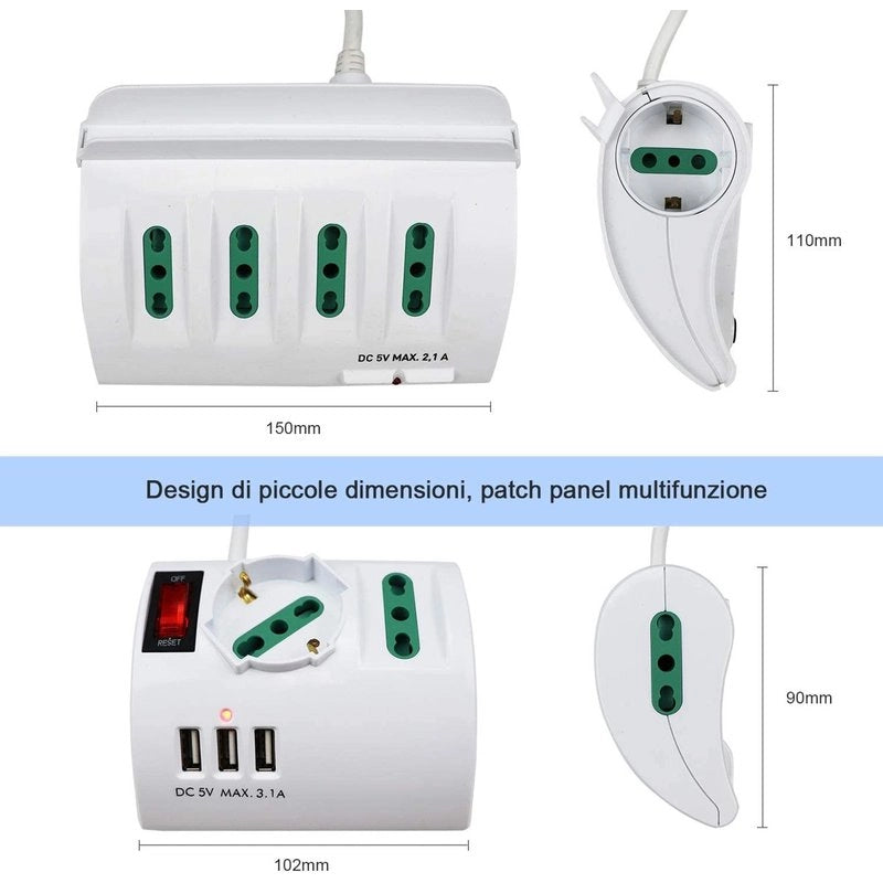 Multipresa da Scrivania con 3 Prese USB Max 3,1A Spina 10A 3 Prese Bipasso Con Interruttore XSL2602A