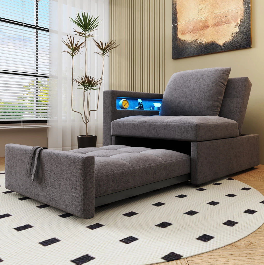 Divano letto 3 in 1 con schienale reclinabile a 5 posizioni; LED e USB in lino grigio scuro