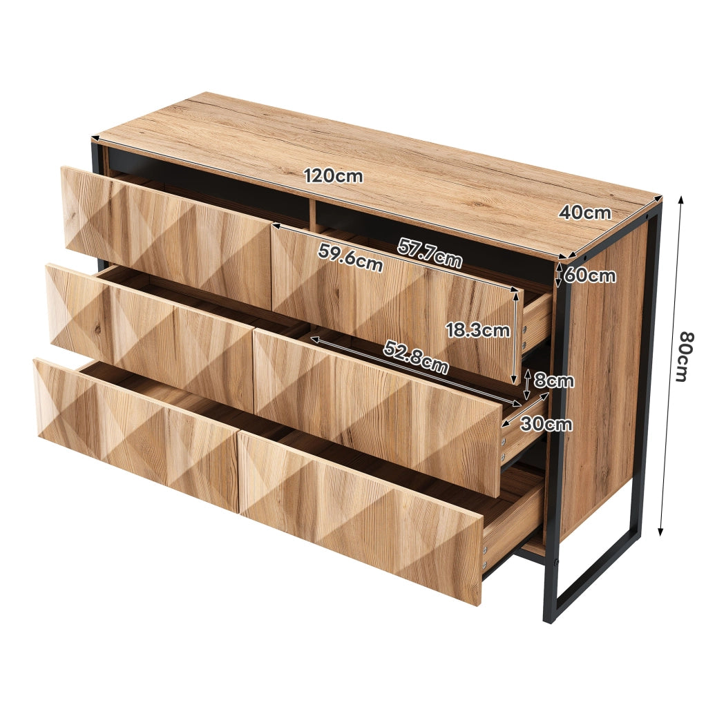Credenza con 6 cassetti 120x40x80 cm in truciolare e MDF; nero e naturale