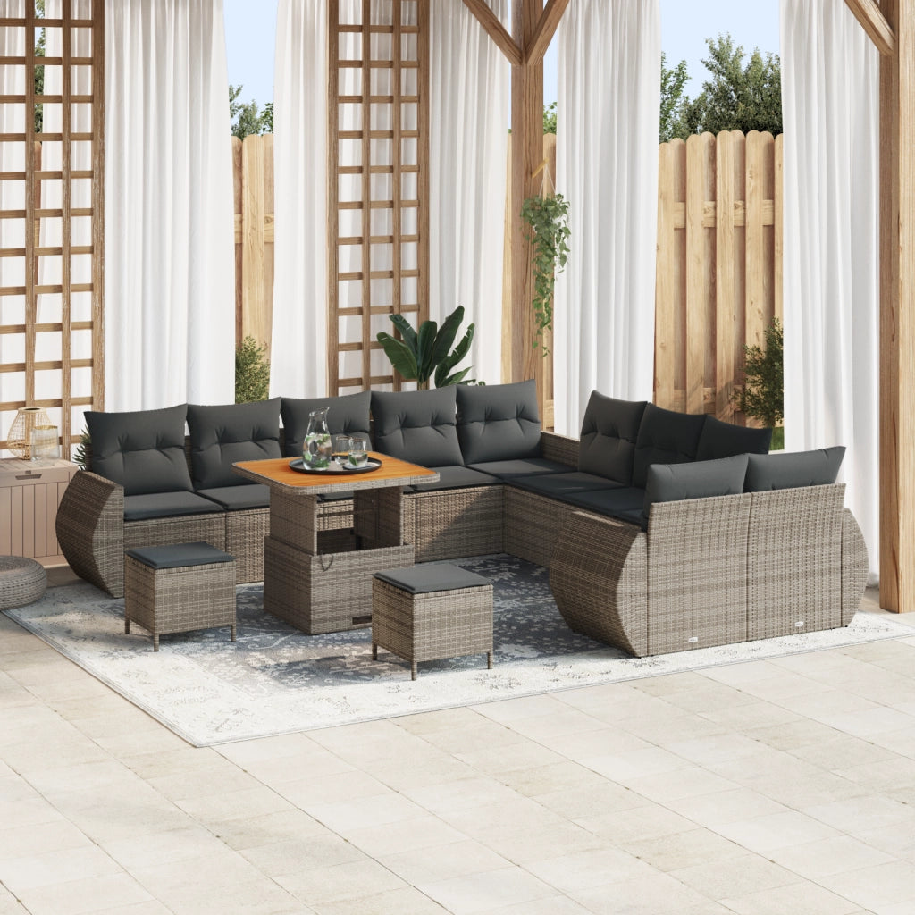 Set Divano da Giardino da 13 Pezzi con Cuscini Grigio Polyrattan Acacia