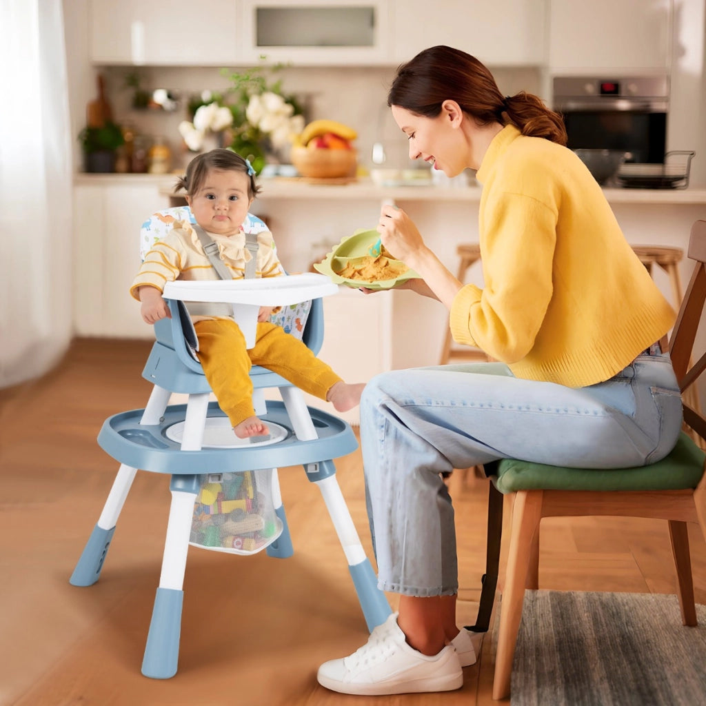 Set tavolo e sedia multifunzionale con vassoio rimovibile e cintura, Seggiolone convertibile per bambini 16-in-1 Blu-Seggioloni