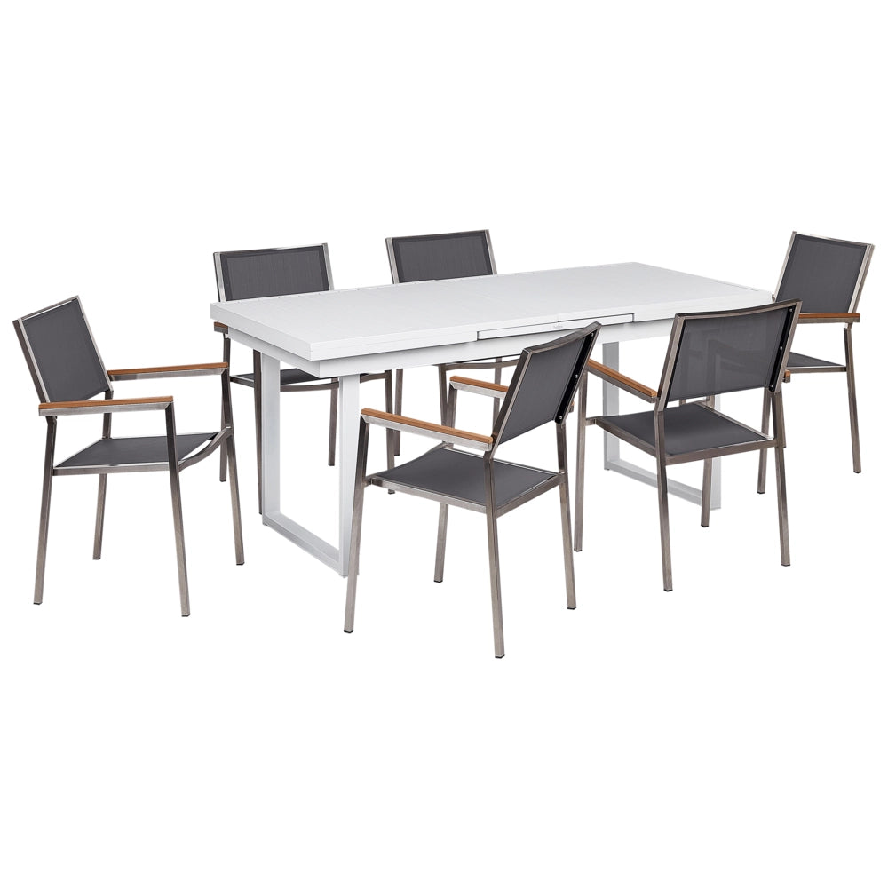 Set da pranzo da giardino Bianco e Grigio Alluminio Acciaio Inox 6 Posti Mobili da Esterno Moderni