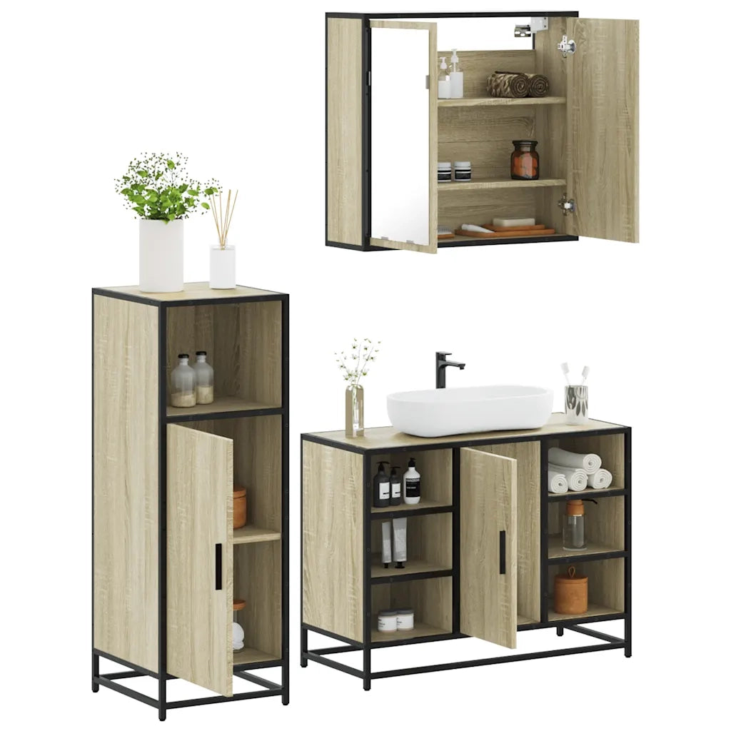 Set Mobili da Bagno 3 pz Rovere Sonoma in Legno Multistrato